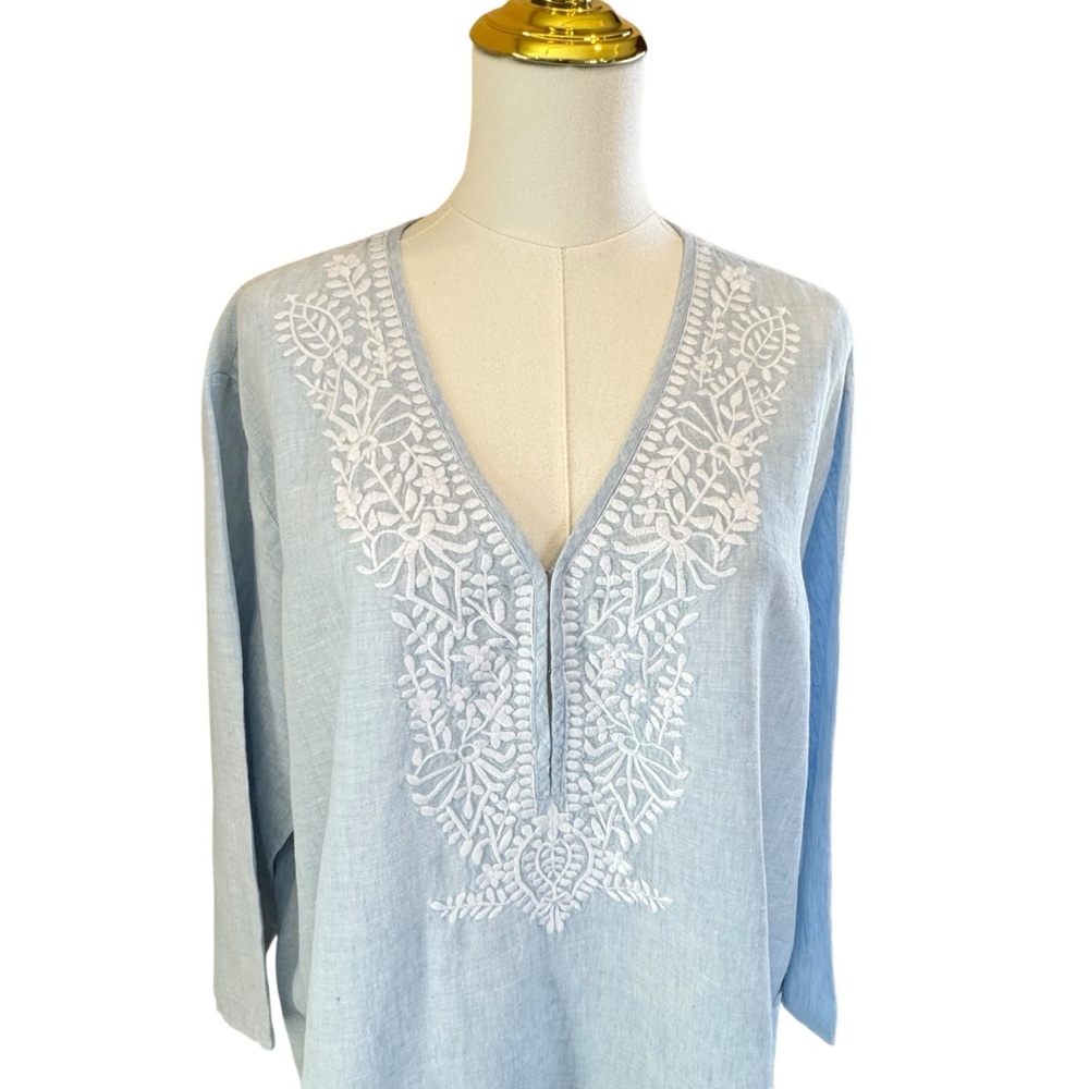 Saks Fifth Avenue Pale Blue V-Neck Embroidered Tunic